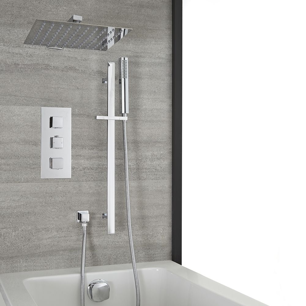 Conjunto de Ducha de Tres Funciones con Desviador, Llenador de Bañera, Alcachofa de Ducha, Barra Deslizante y Ducha de Mano - Acabado Cromado - Kubix