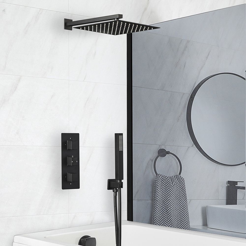 Conjunto de Ducha Termostático Negro con Desviador, Alcachofa, Telefonillo de Ducha y Llenador de Bañera para Rebosadero (3 Salidas) - Preto