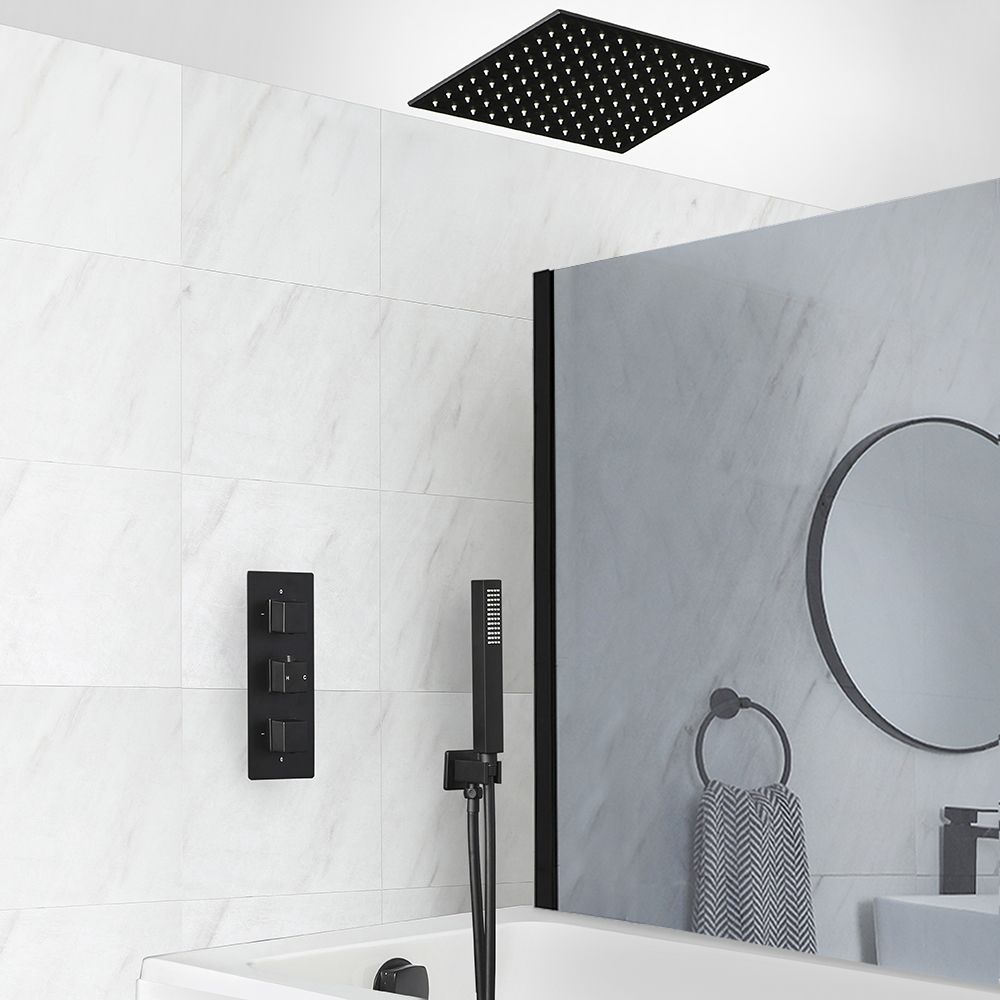 Conjunto de Ducha Termostático Negro con Desviador, Alcachofa de Ducha Empotrable, Telefonillo de Ducha y Llenador de Bañera para Rebosadero (3 Salidas) - Preto