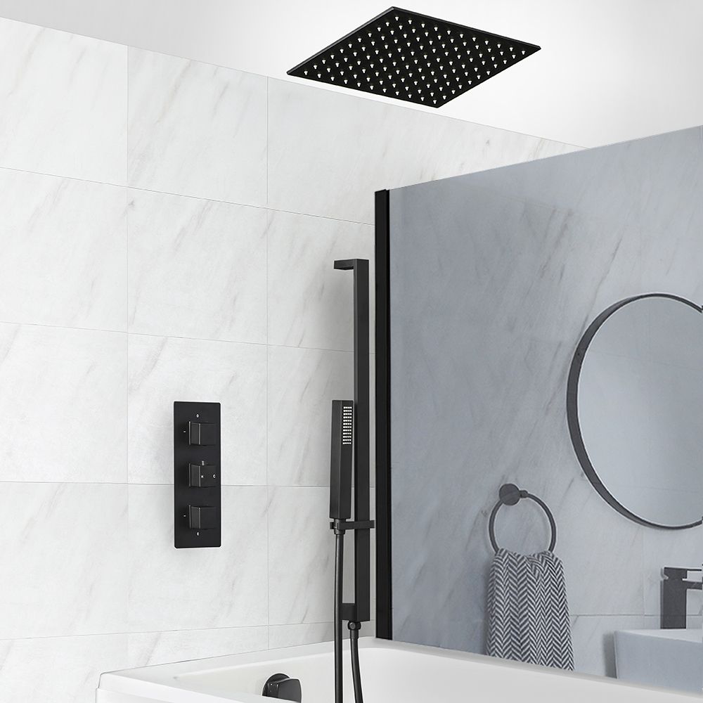 Conjunto de Ducha Termostático Negro con Desviador, Alcachofa de Ducha Empotrable, Barra de Ducha Deslizante con Telefonillo de Ducha y Llenador de Bañera para Rebosadero  (3 Salidas) - Preto