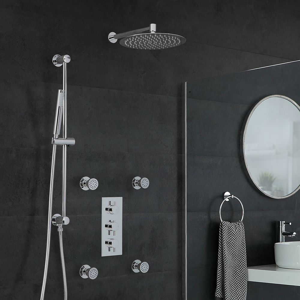 Conjunto de Ducha Cromado Moderno con Mezclador de Ducha Termostático Redondo Triple de 3 Funciones con Alcachofa de Ducha, Jets de Ducha y Kit con Barra de Ducha Deslizante - Como