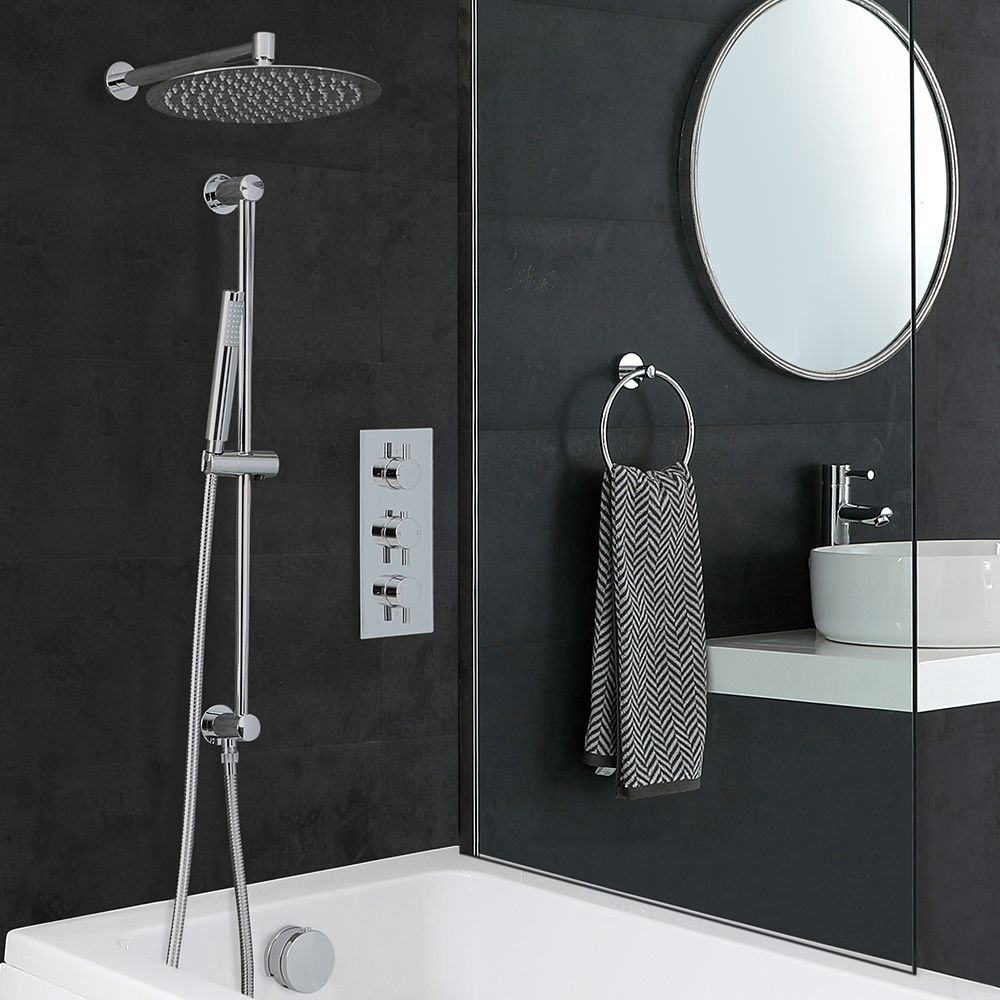 Conjunto de Ducha Cromado Moderno con Mezclador de Ducha Termostático Redondo Triple de 3 Funciones con Alcachofa de Ducha, Kit con Barra de Ducha Deslizante y Llenador de Bañera - Como