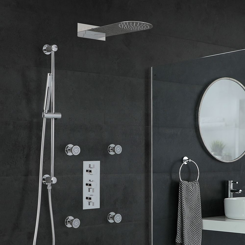 Conjunto de Ducha Cromado Moderno con Mezclador de Ducha Termostático Redondo Triple con Desviador Completo con Alcachofa de Ducha, Jets de Ducha y Barra de Ducha Deslizante - Como