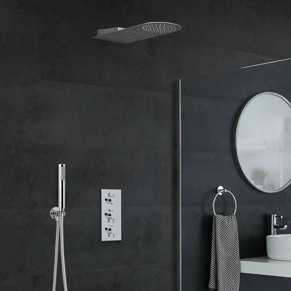 Conjunto de Ducha Cromado Moderno con Mezclador de Ducha Termostático Redondo Triple con Desviador Completo con Alcachofa de Ducha Efecto Lluvia y Cascada y Telefonillo - Como