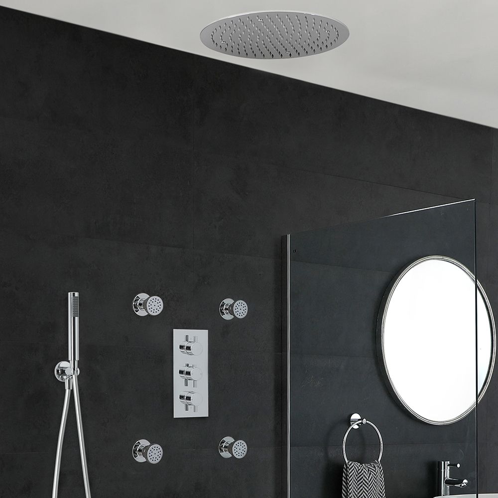 Conjunto de Ducha Cromado Moderno con Mezclador de Ducha Termostático Redondo Triple con Desviador Completo con Alcachofa de Ducha Empotrable Redonda de 400mm, Jets de Ducha y Kit con Barra de Ducha Deslizante - Como