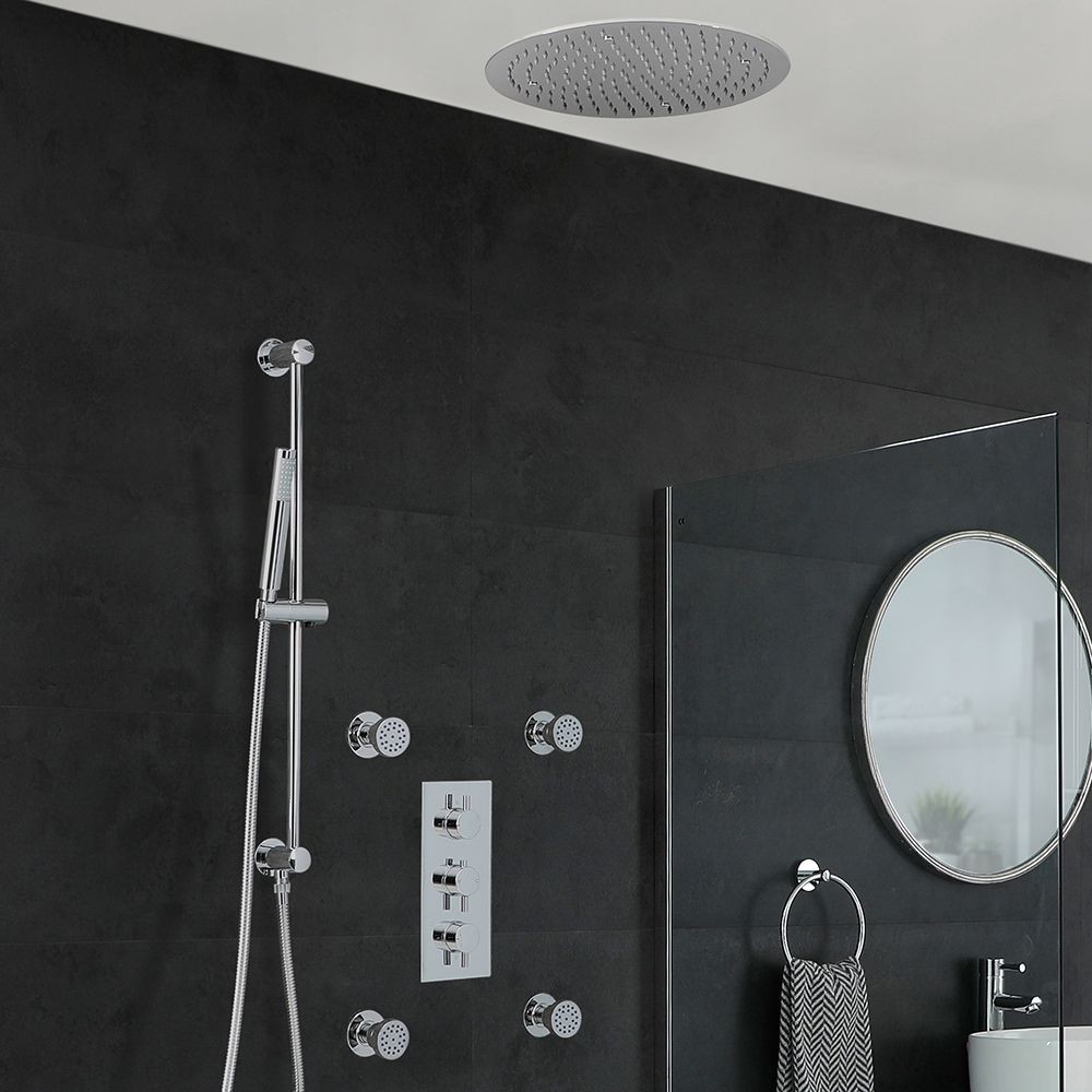 Conjunto de Ducha Cromado Moderno con Mezclador de Ducha Termostático Redondo Triple con Desviador Completo con Alcachofa de Ducha Empotrable Redonda de 400mm, Jets de Ducha y Kit con Barra de Ducha Deslizante - Como