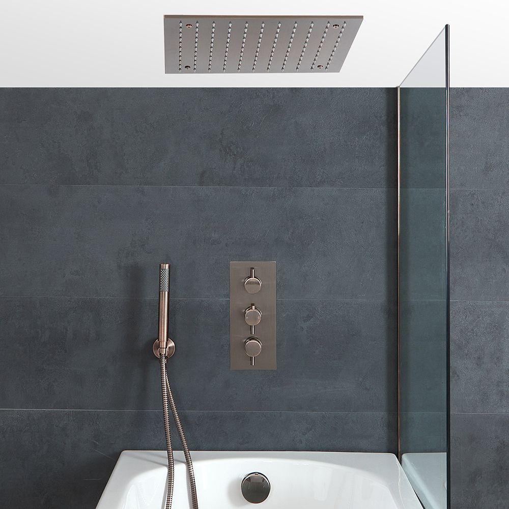 Ducha Termostática con Desviador Completa con Alcachofa de Ducha Empotrable, Telefonillo y Llenador de Bañera para Rebosadero - Bronce Cepillado - Amara