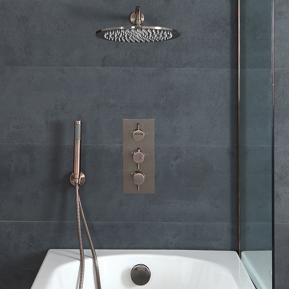 Ducha Termostática con Desviador Completa con Alcachofa de Ducha, Telefonillo y Llenador de Bañera para Rebosadero - Bronce Cepillado - Amara