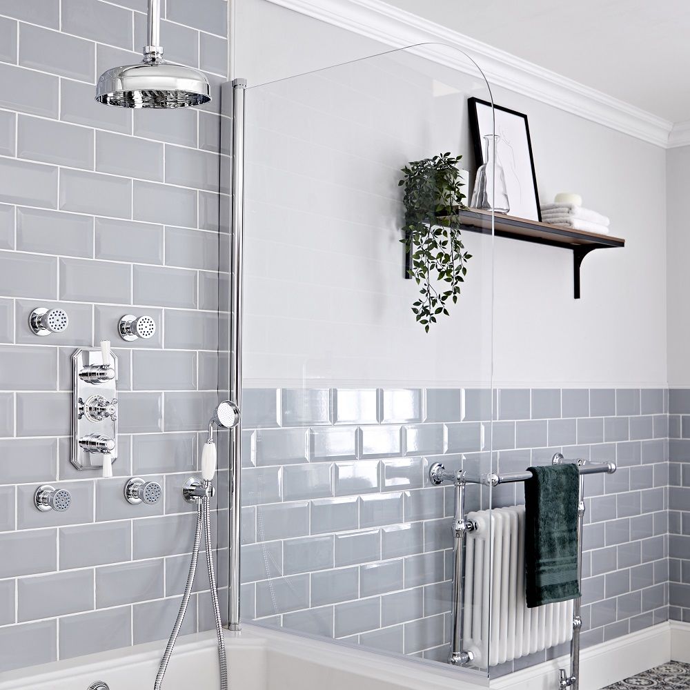 Conjunto de Ducha Tradicional Completo con Mezclador de Ducha Termostático de 3 Funciones con Desviador, Alcachofa de Ducha de Techo, Telefonillo y Jets de Ducha Cromado y Blanco - Elizabeth