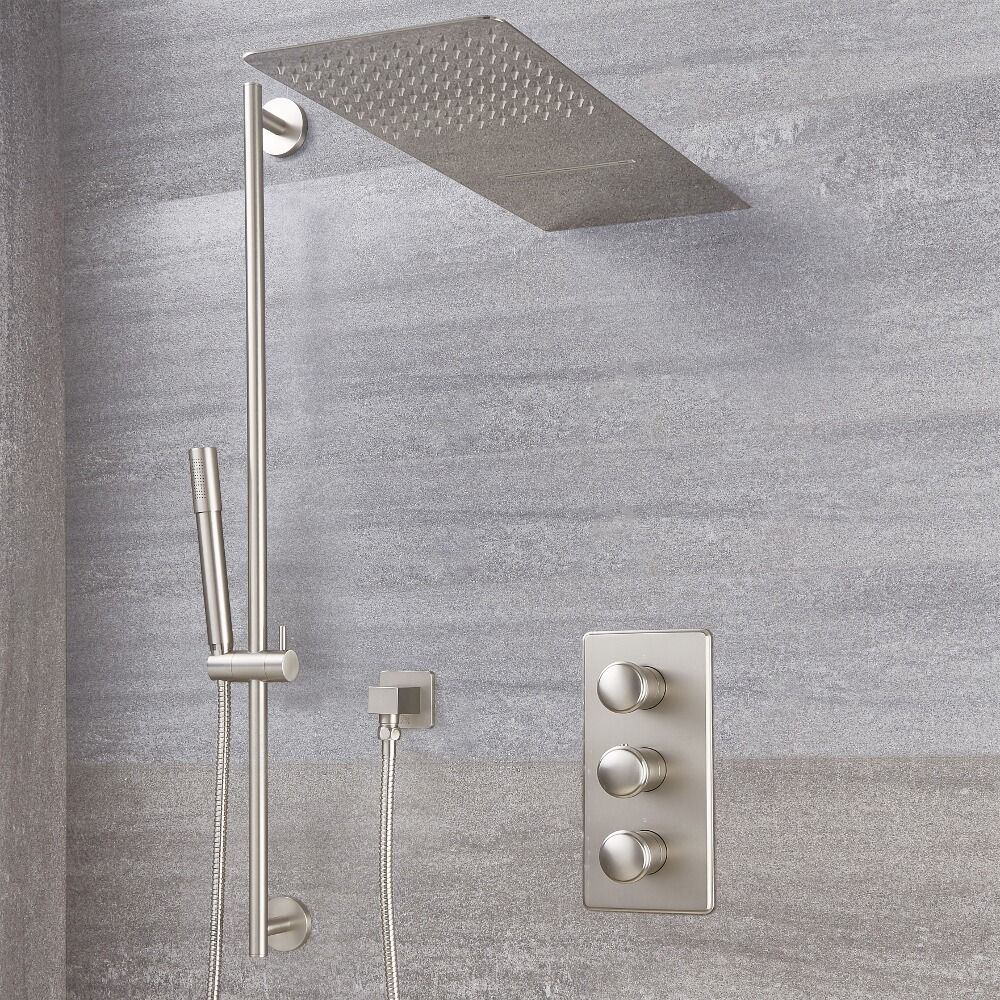 Conjunto de Ducha con Mezclador de Ducha Termostático de 3 Funciones con Desviador, Alcachofa de 2 Funciones y Barra de Ducha Deslizante y Telefonillo de Color Níquel Cepillado - Aldwick