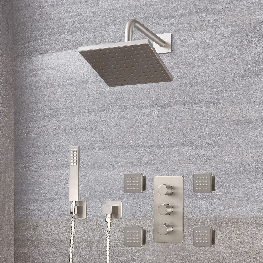 Conjunto de Ducha con Mezclador de Ducha Termostático Triple de 3 Funciones con Alcachofa de Ducha Cuadrada de 200mm, Telefonillo y Jets de Ducha de Color Níquel Cepillado - Harting