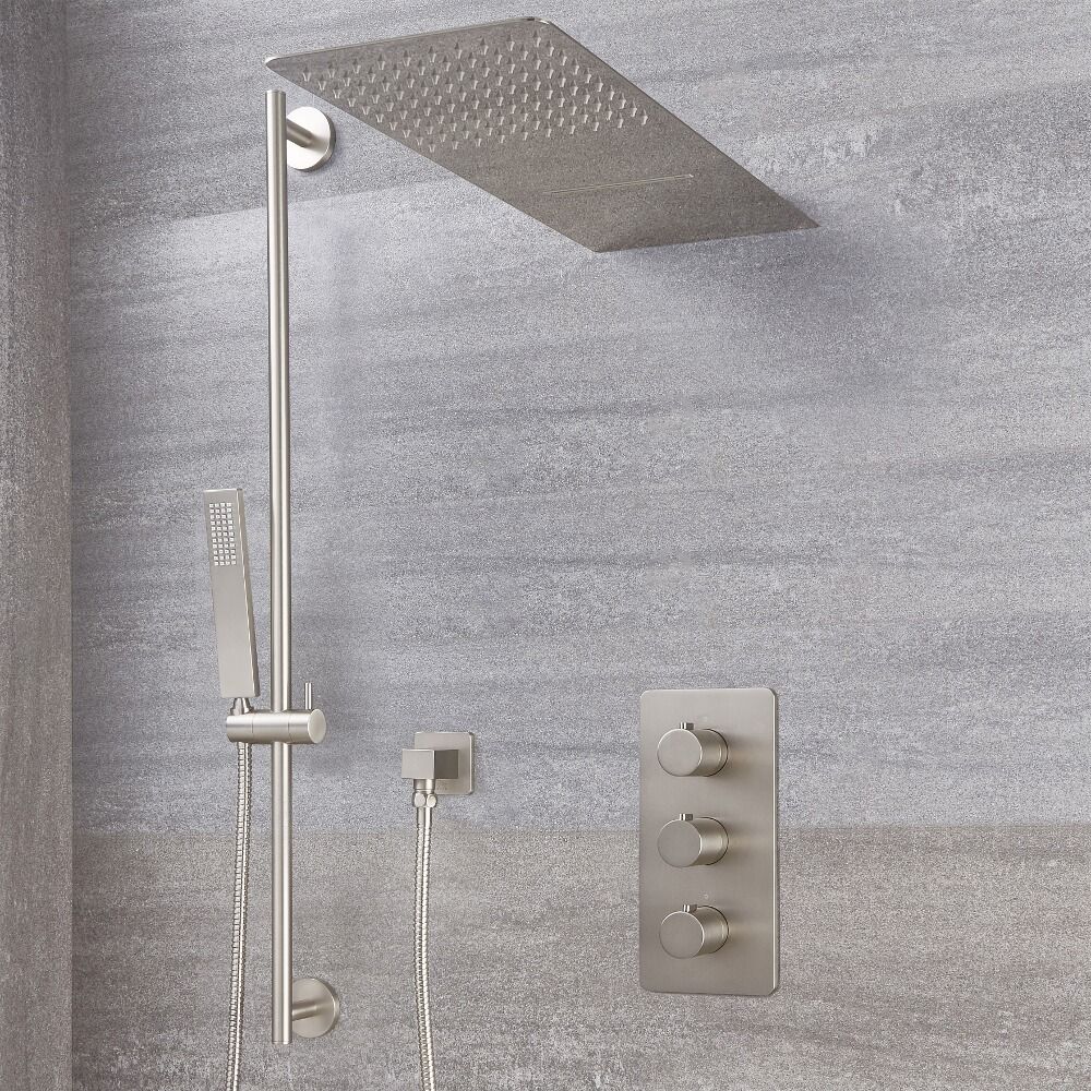 Conjunto de Ducha con Mezclador de Ducha Termostático Triple de 3 Funciones con Alcachofa de Ducha de 2 Funciones Efecto Lluvia y Cascada, Barra de Ducha con Telefonillo de Color Níquel Cepillado - Harting