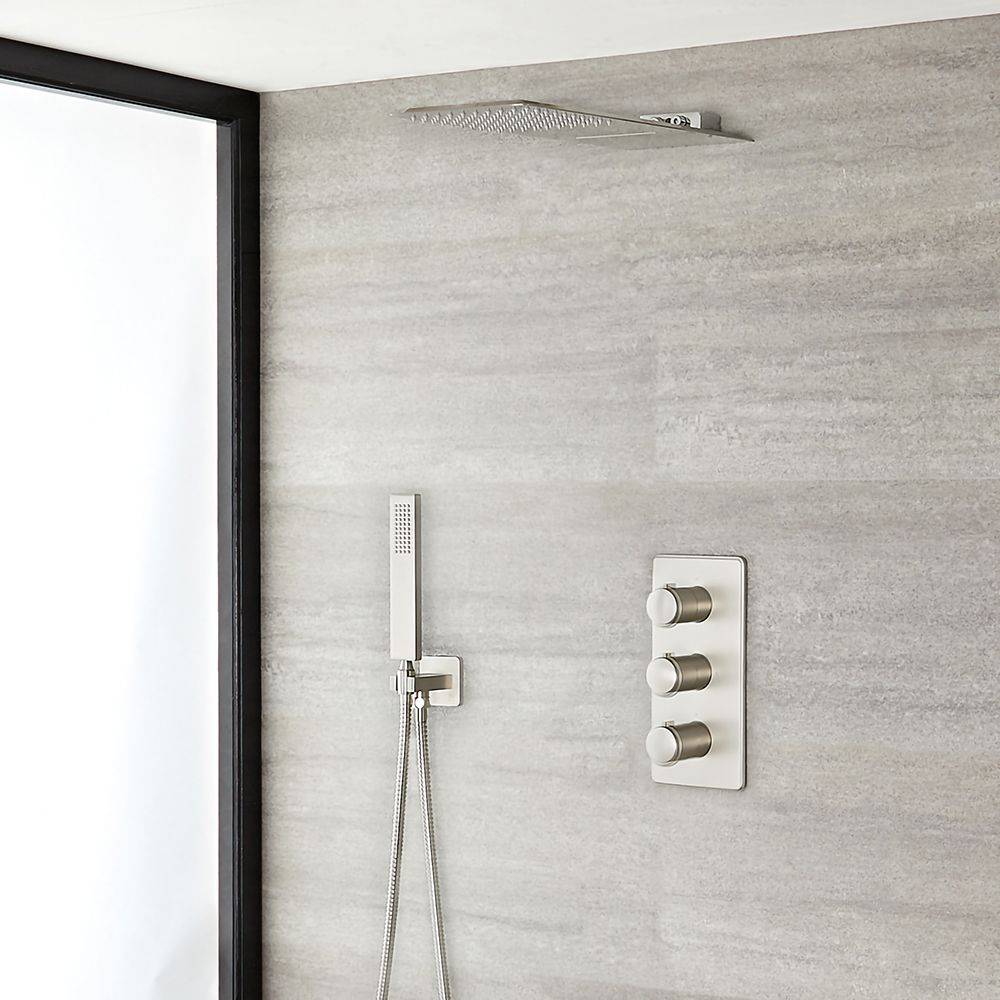 Conjunto de Ducha Color Níquel Cepillado con Mezclador de Ducha Termostático Triple de 3 Funciones con Alcachofa de Ducha de 2 Funciones Efecto Lluvia y Cascada  de 500x200mmy Telefonillo - Harting