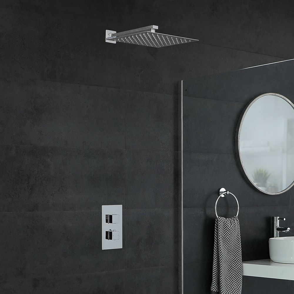 Conjunto de Ducha Moderno con Mezclador de Ducha Termostático Cuadrado Cromado de 1 Función con Alcachofa de Ducha Cuadrada de 300mm - Kubix