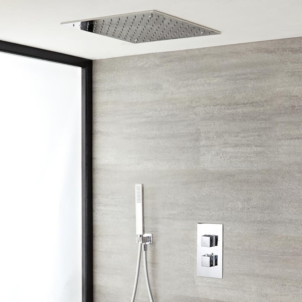 Conjunto de Ducha Termostático de 2 Funciones con Alcachofa de Ducha de Techo Empotrable de 400mm y Ducha de Mano - Kubix