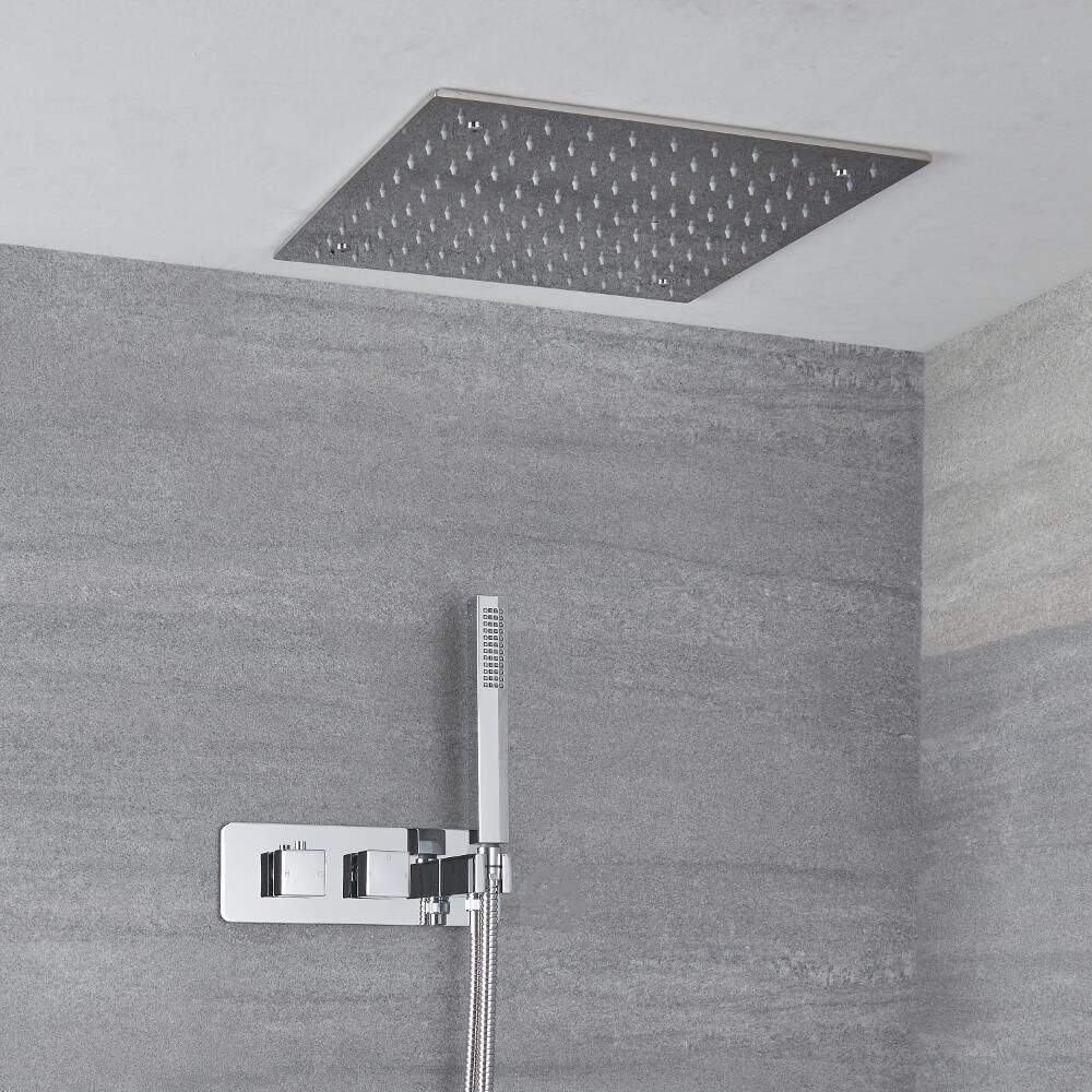 Conjunto de Ducha Termostático de 2 Funciones con Desviador Completo con Alcachofa de Ducha Empotrable de 400mm y Telefonillo - Kubix