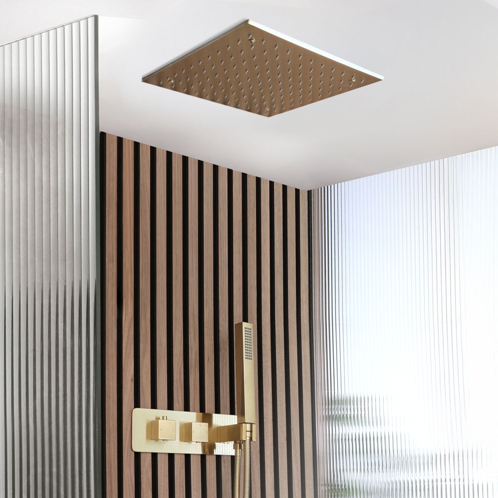 Ducha Termostática con desviador , Alcachofa de Ducha de Empotrar de 400mm and Telefonillo de Ducha (2 Salidas) - Oro Satinado - Lyra