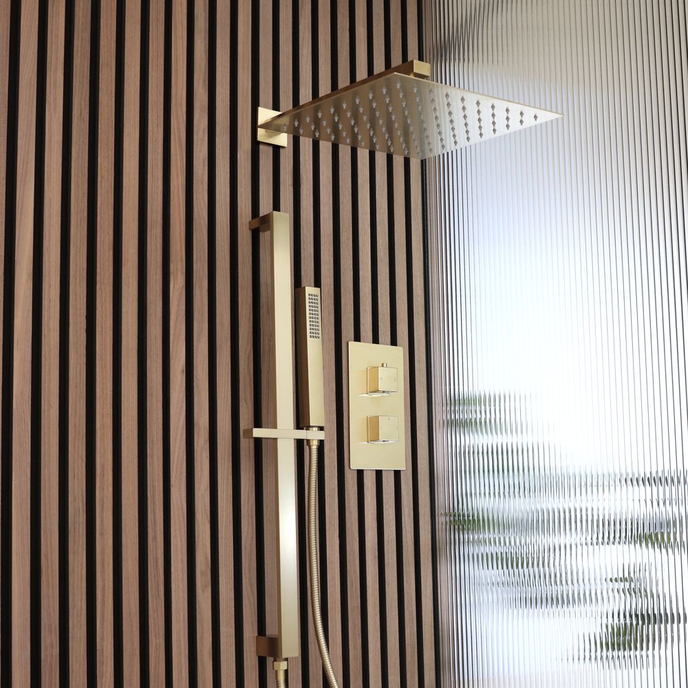 Conjunto de Ducha con Mezclador de Ducha Termostático con  Alcachofa de Ducha de 300mm y Kit con Barra Deslizante para Telefonillo de Ducha (2 Salidas) - Oro Satinado - Lyra