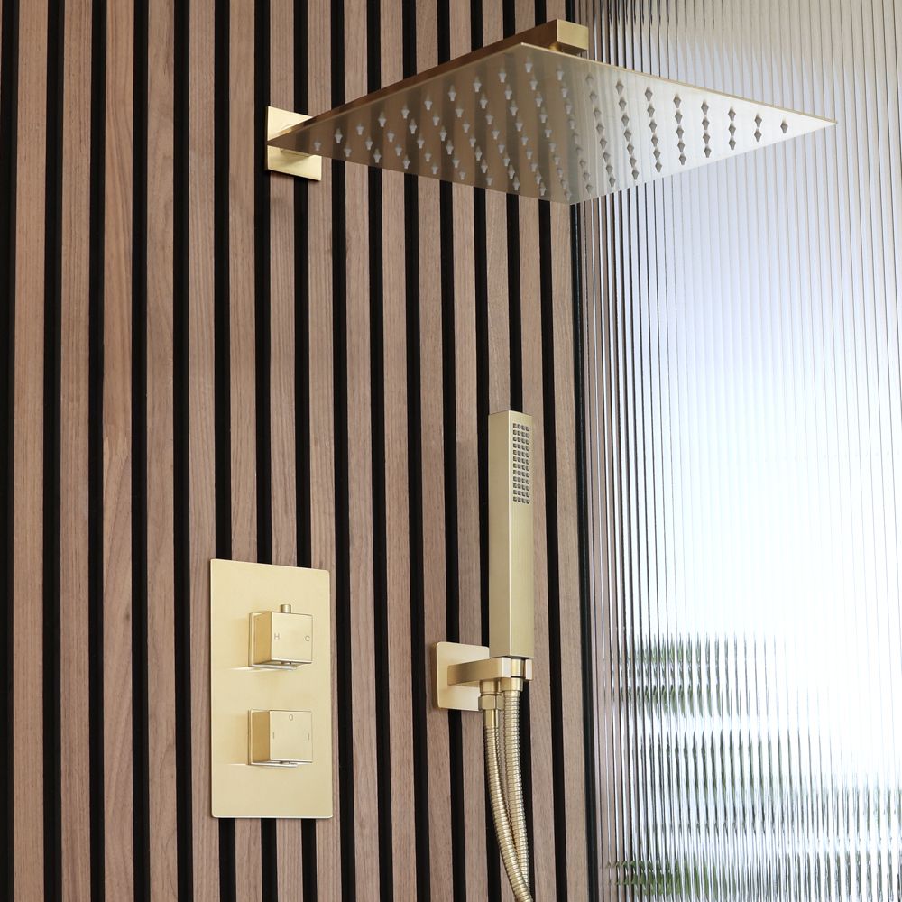 Conjunto de Ducha con Mezclador de Ducha Termostático con  Alcachofa de Ducha de 300mm y Telefonillo de Ducha (2 Salidas) - Oro Satinado - Lyra