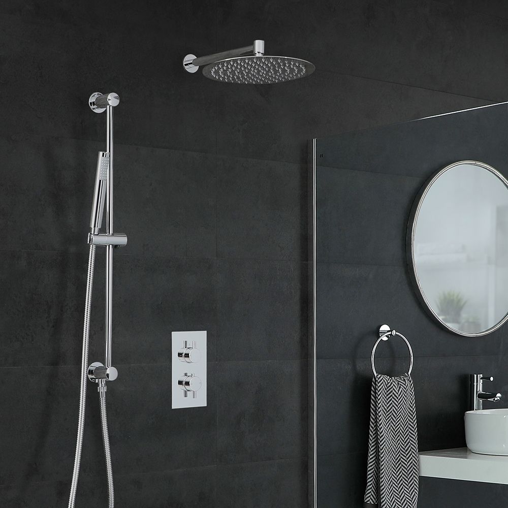 Conjunto de Ducha Cromado Moderno con Mezclador de Ducha Termostático Redondo de 2 Funciones con Alcachofa de Ducha Redonda de 300mm y Barra de Ducha Deslizante - Como