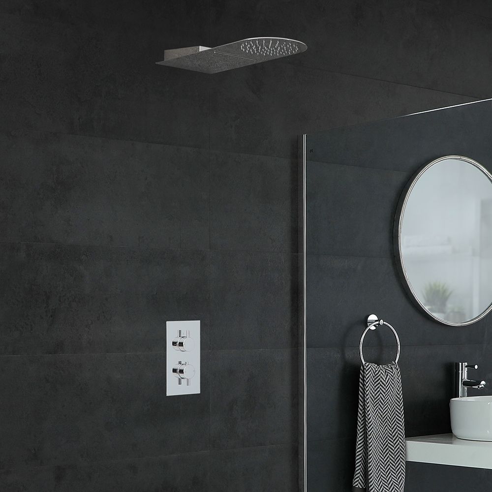 Conjunto de Ducha Cromado Moderno con Mezclador de Ducha Termostático Redondo de 2 Funciones con Desviador con Alcachofa de Ducha Ultraplana con Efecto Lluvia y Cascada - Como