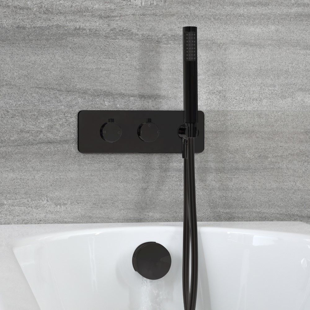 Mezclador de Ducha Termostático Negro de 2 Salidas con Desviador, Llenador de Bañera para Rebosadero y Telefonillo - Nox