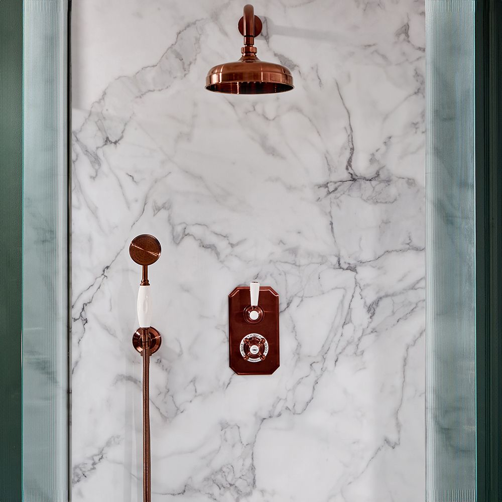 Conjunto de Ducha Termostático Tradicional con Acabado de Color Cobre Satinado con Desviador, Telefonillo de Ducha y Alcachofa de Ducha (2 Salidas) - Elizabeth