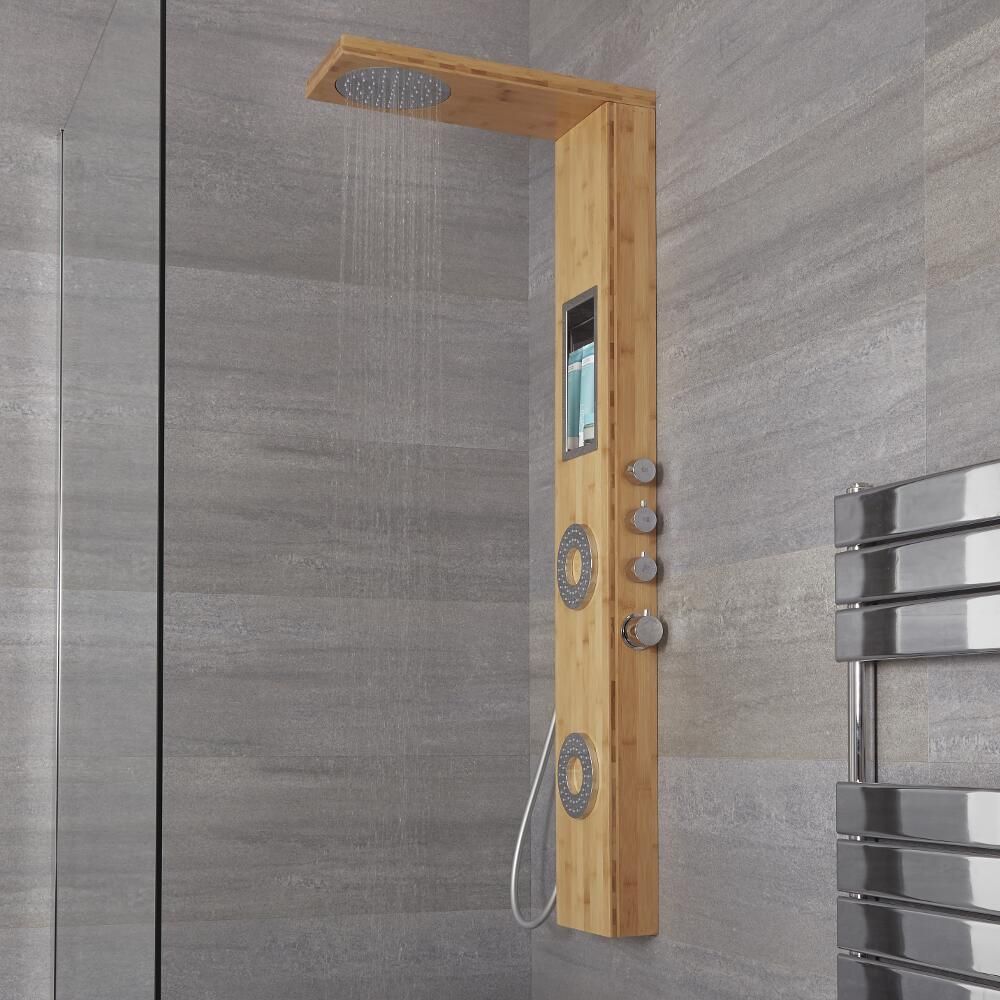 Panel de Ducha Termostático de 3 Funciones 1450x220x540mm Efecto Bambú con Erogador Integrado, Repisa y Ducha de Mano con Flexo de Ducha -  Iako
