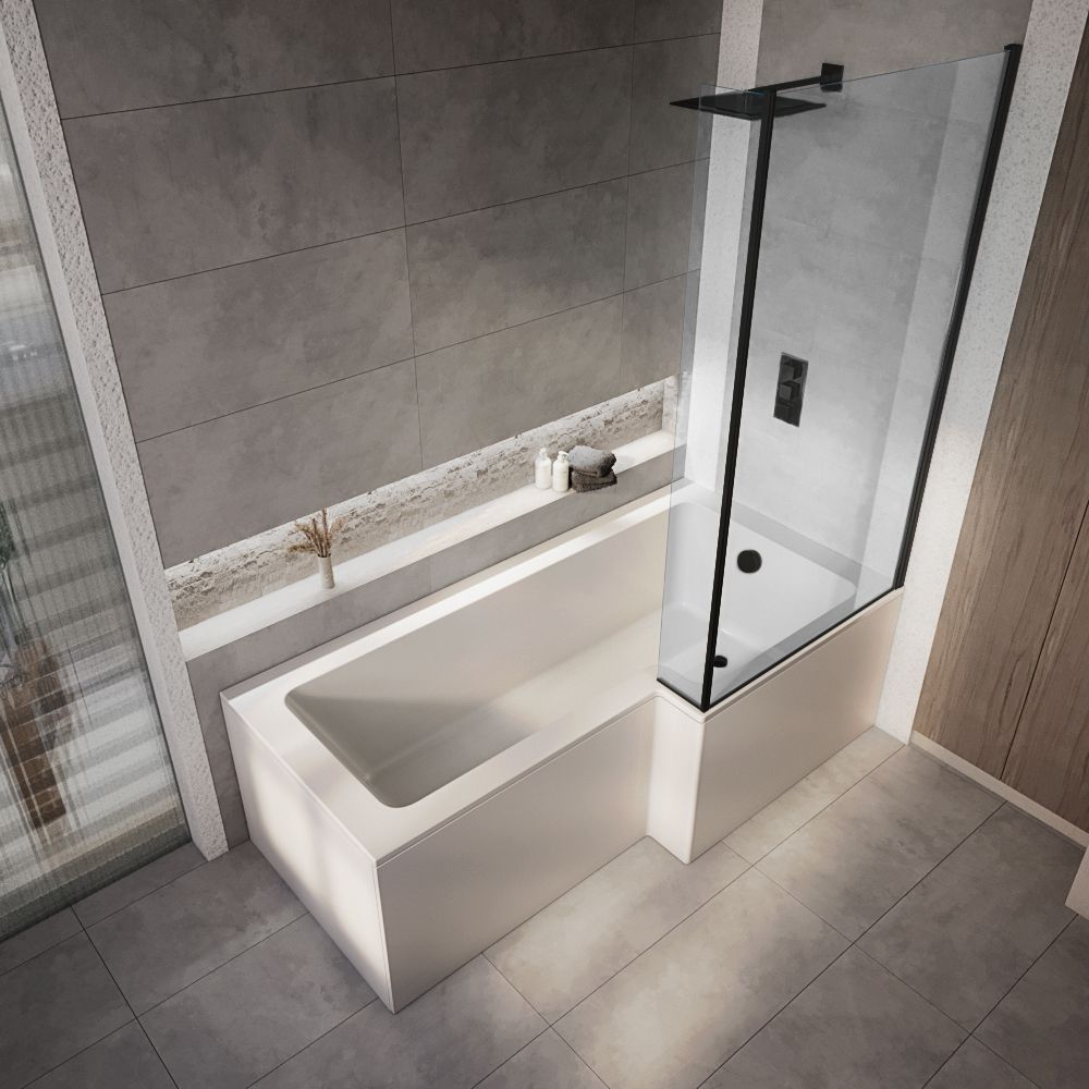 Bañera Moderna Asimétrica con Sección de Ducha con Mampara Negra - Disponible en Distintas Medidas, Faldones y Disponible en Versión Izquierda / Derecha - Sandford