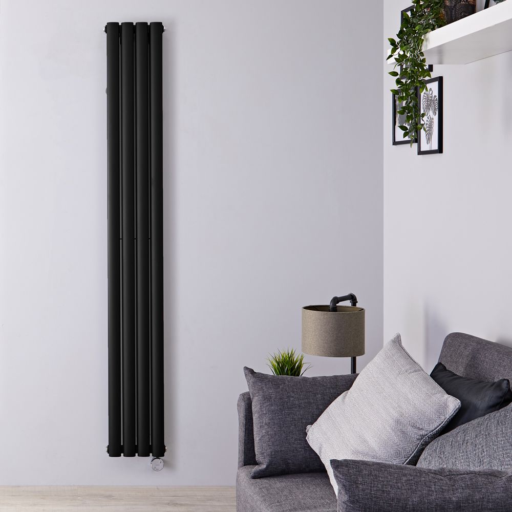 Radiador de Diseño Eléctrico Vertical (Panel Doble) Negro Mate de  1780mm x 236mm con Elemento Eléctrico Wi-Fi de 1200W - Revive