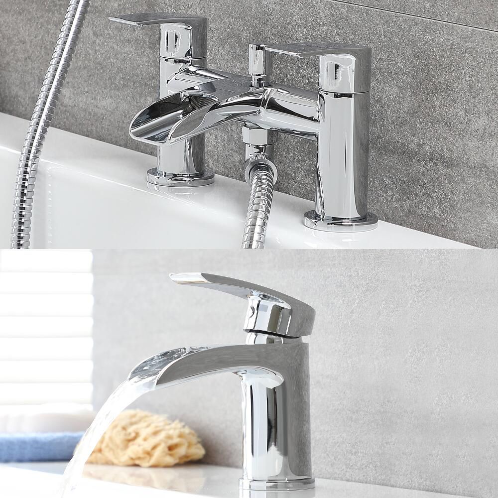Set de Grifos de Baño con Mezclador de Lavabo Efecto Cascada y Mezclador de Bañera con Kit de Ducha - Razor