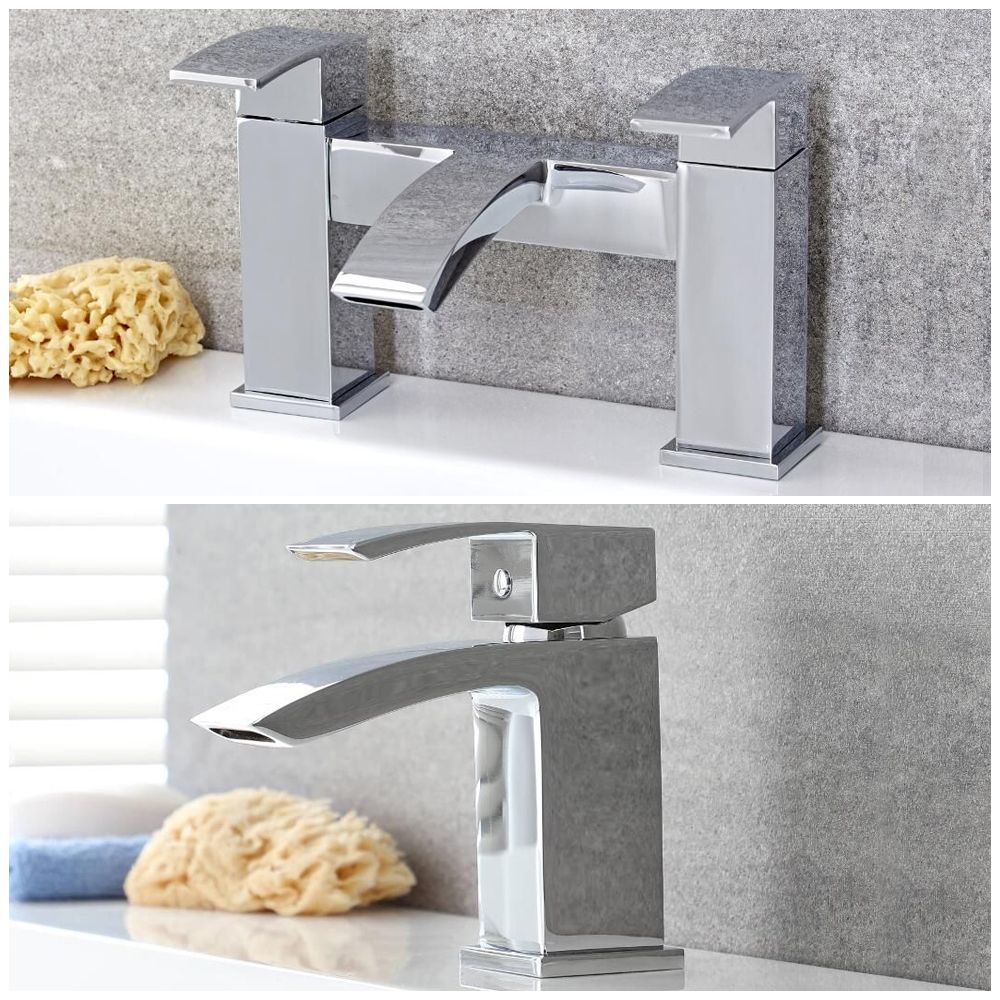 Set de Grifos de Baño con Mezclador de Lavabo Efecto Cascada y Mezclador de Bañera con Kit de Ducha - Wick
