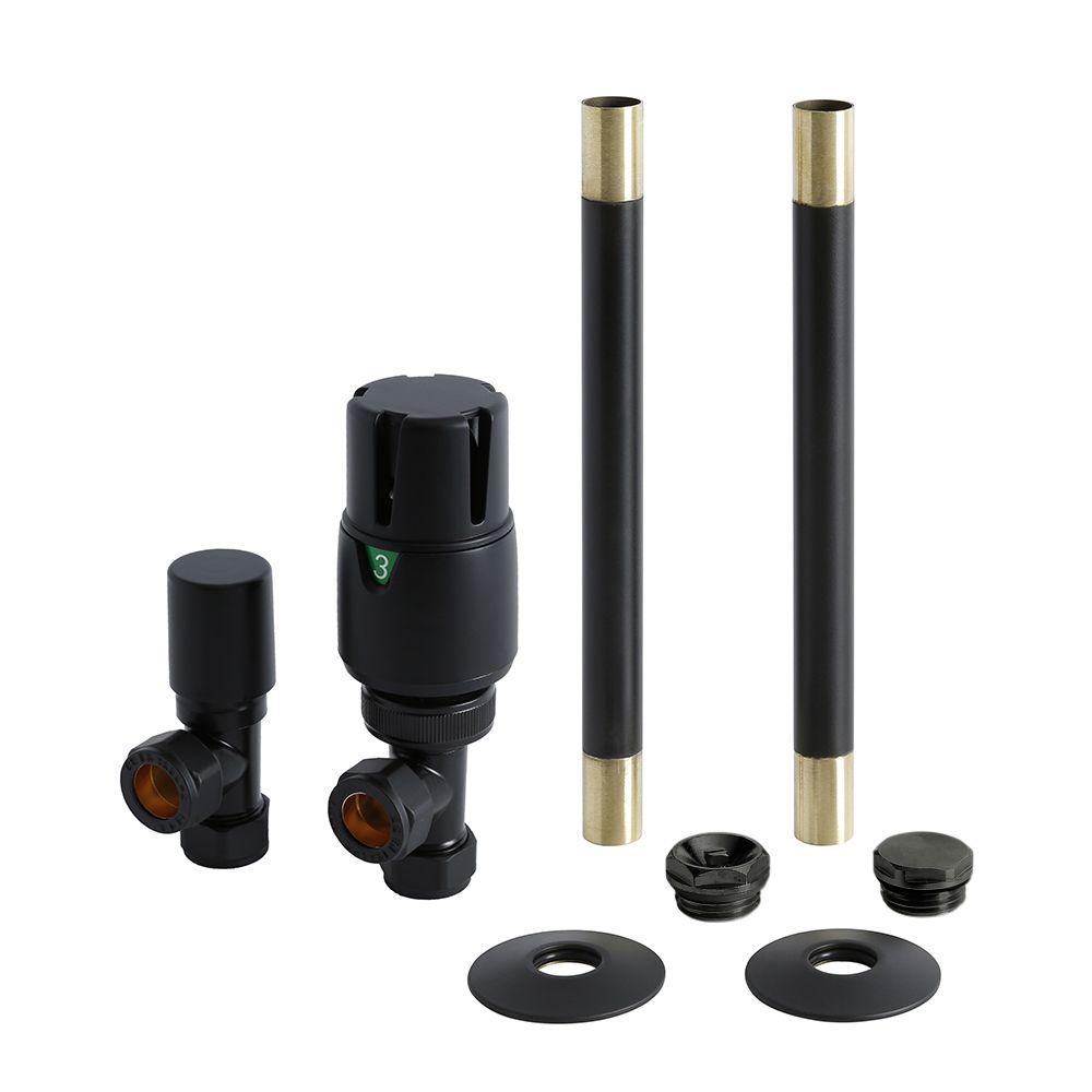 Conjunto con Llaves para Radiador Termostáticas Angulares Modernas y Kit con Conectores - Negro