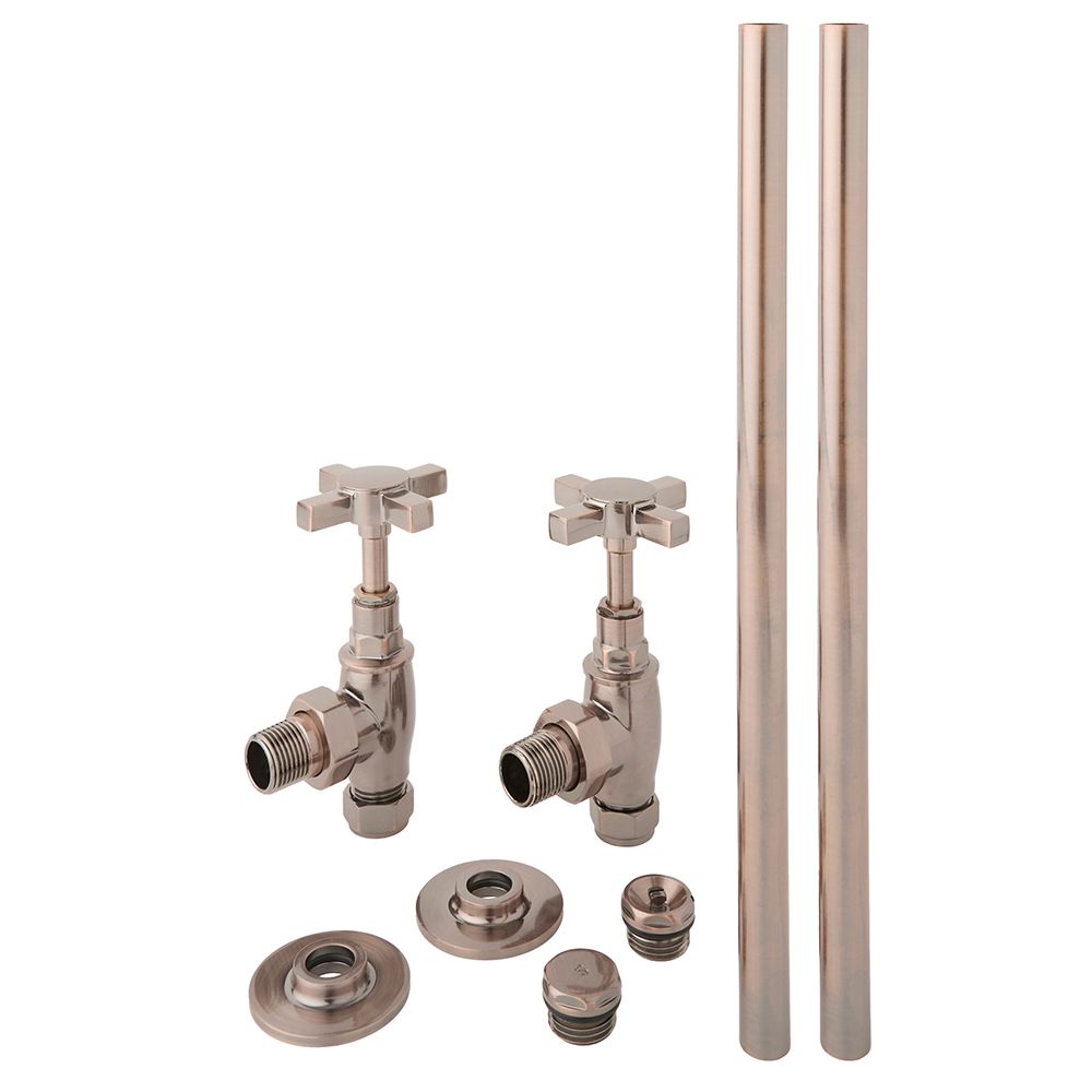 Kit para Radiadores con Llaves Angulares Tradicionales  y Kit Cubre Tubos - Bronce Cepillado