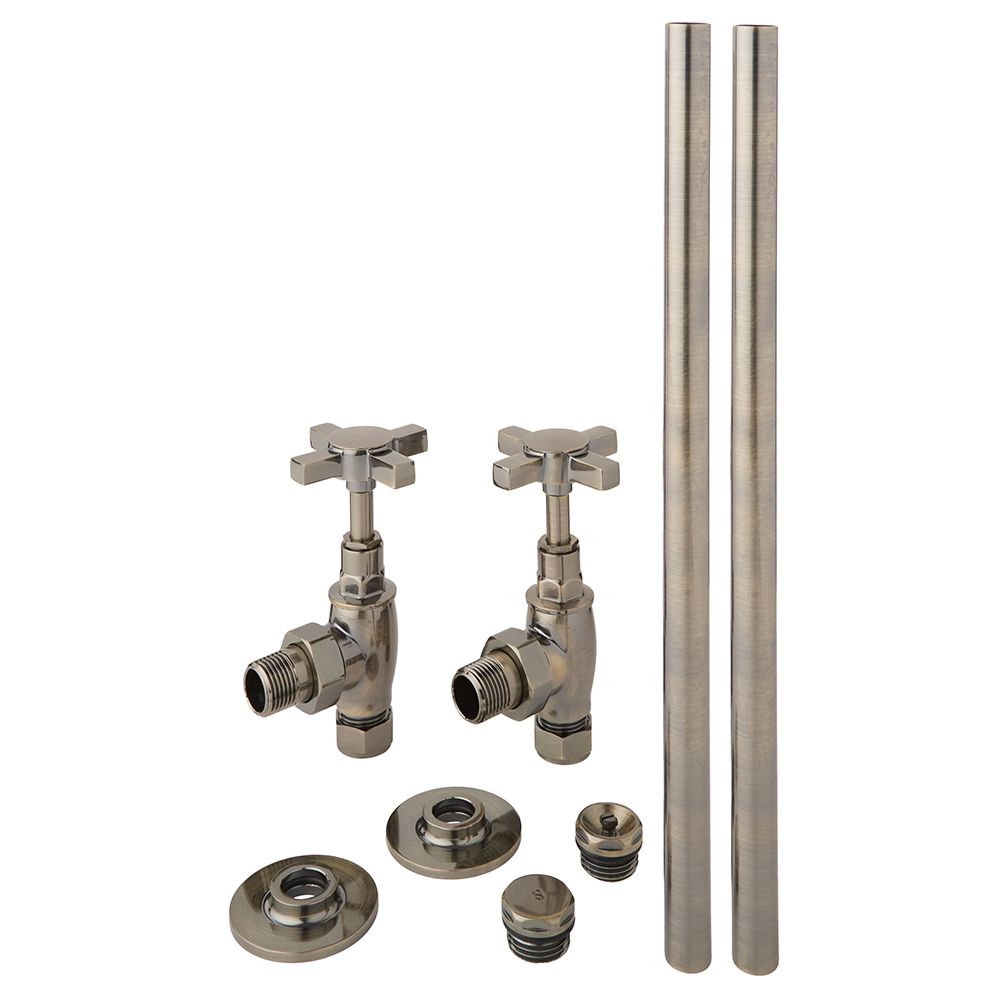Kit para Radiadores con Llaves Angulares Tradicionales y Kit Cubre Tubos - Latón Cepillado Oscuro