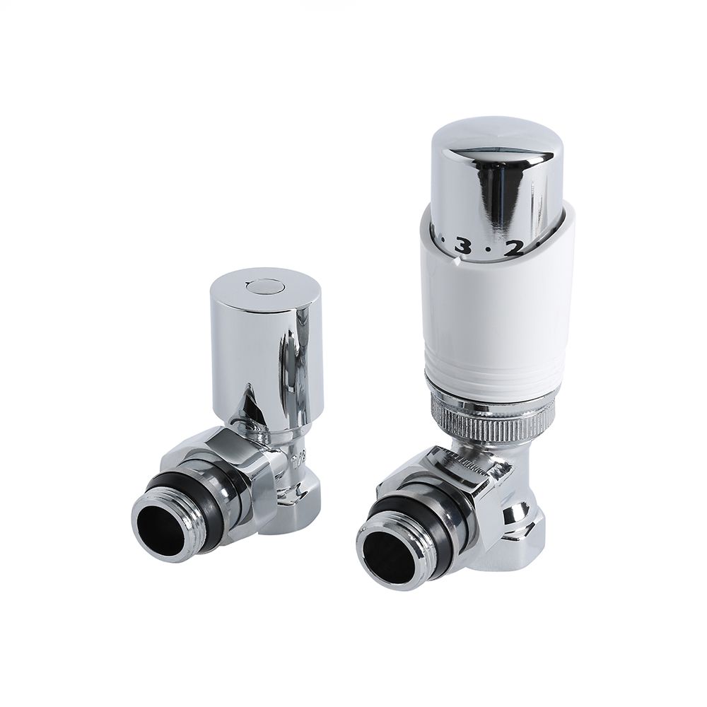 Par de Llaves para Radiador con Rosca Macho de 1/2" y Cabezal Termostático Blanco para Tubos de Cobre de 15mm