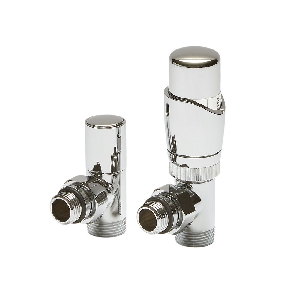 Par de Llaves Termostáticas Con Cabezal Cromado para Radiador y Toallero con Adaptadores para Tubos de Cobre de 15mm
