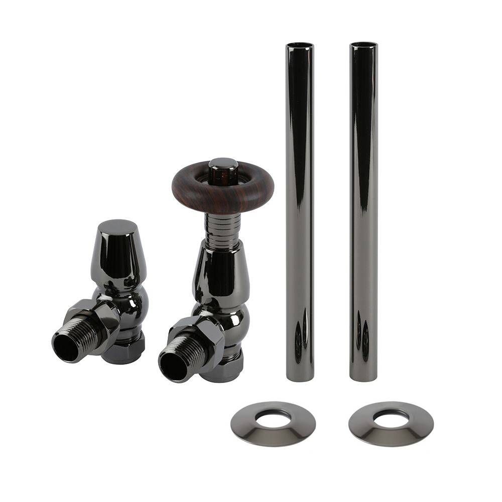 Conjunto con Llaves para Radiador Termostáticas Angulares en Estilo Tradicional y Kit con Conectores  - Níquel Negro - Regent
