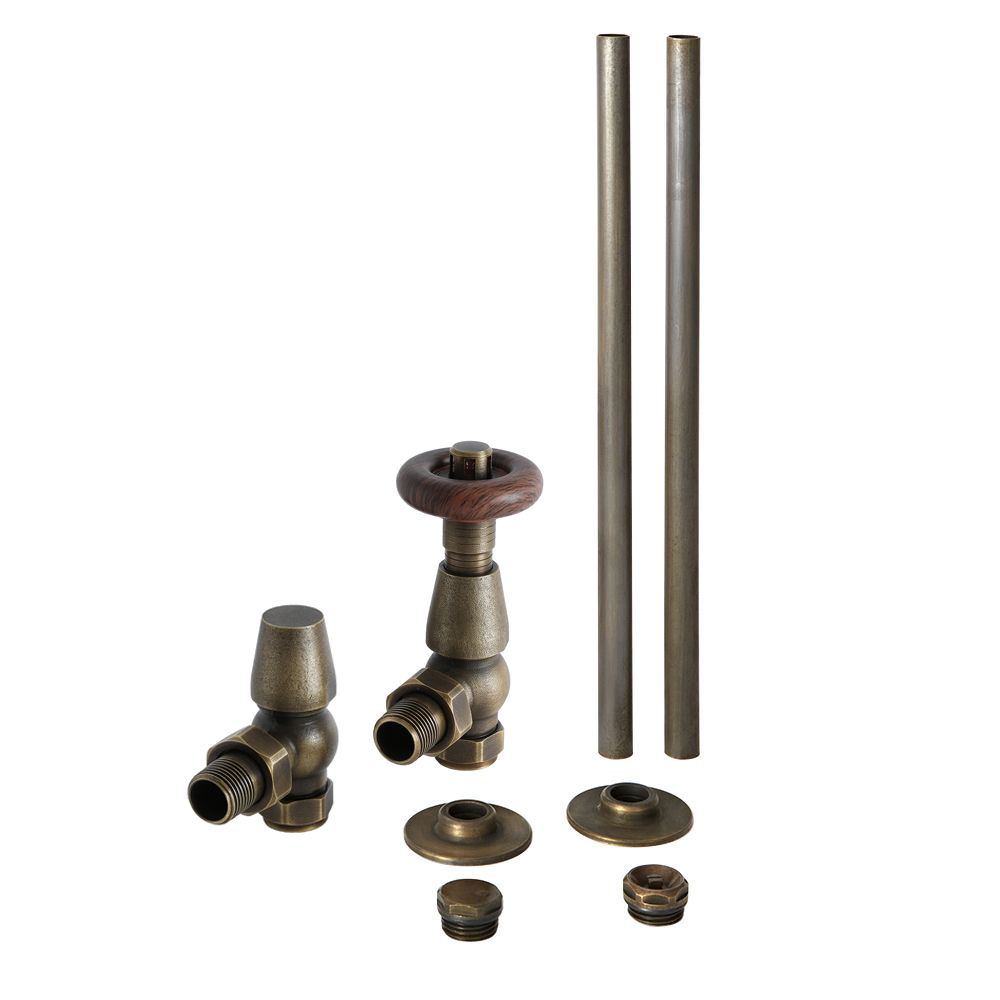 Par de Llaves Termostáticas Angulares Acabado Latón Antiguo para Radiador y Radiador Toallero para Tubos de Cobre de 15mm - Regent