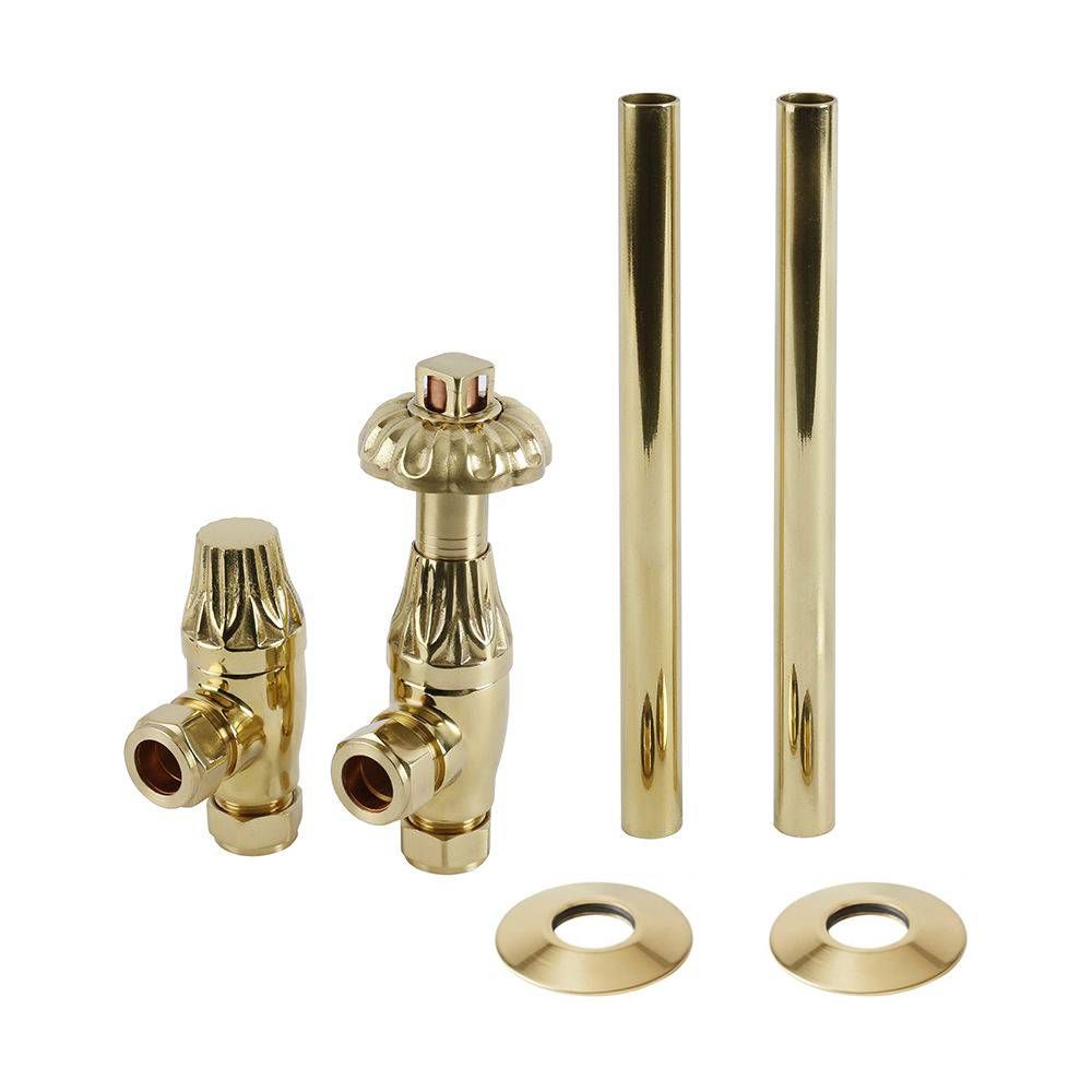 Conjunto con Llaves para Radiador Termostáticas Angulares en Estilo Antiguo y Kit con Conectores  - Latón Pulido - Regent