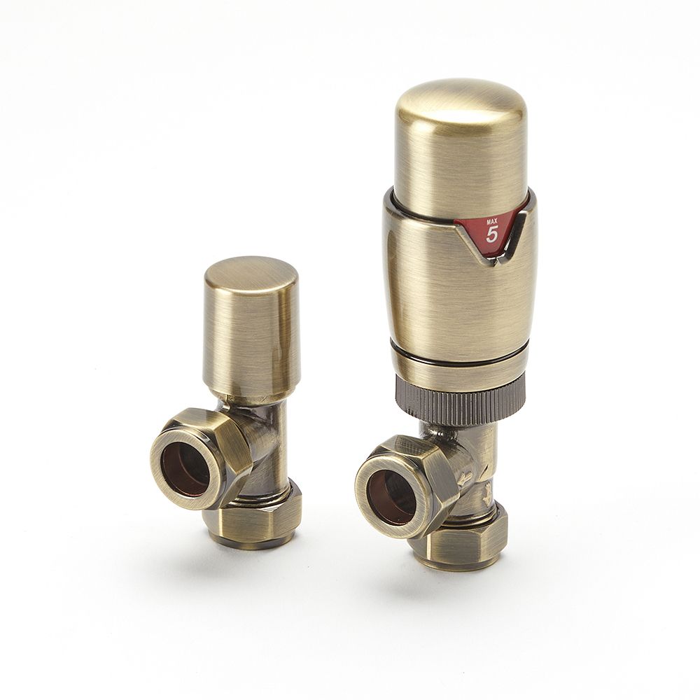 Llaves para Radiador Termostáticas Angulares con Detentor - Oro Cepillado