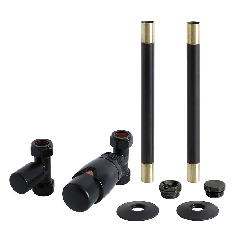 Conjunto con Llaves para Radiador Termostáticas Rectas Modernas y Kit con Conectores - Negro