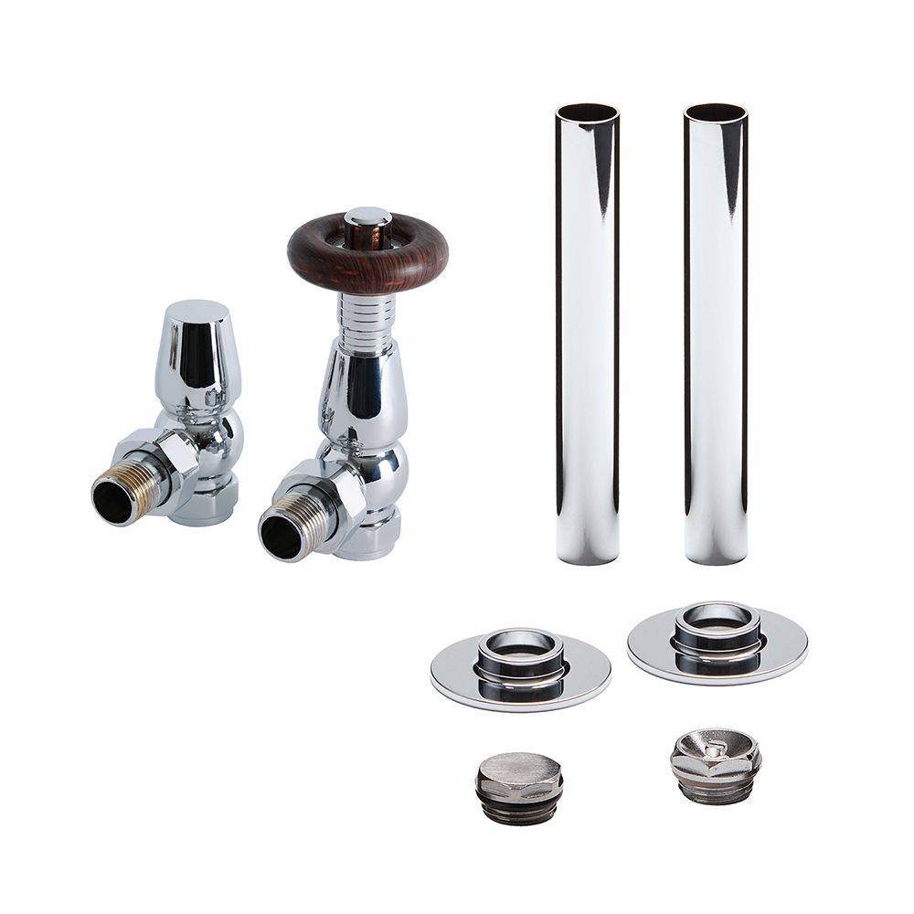 Llaves para Radiador Tradicionales Termostáticas Angulares Radiator y Kit Cubre Tubos - Disponible en Distintos Acabados - Regent