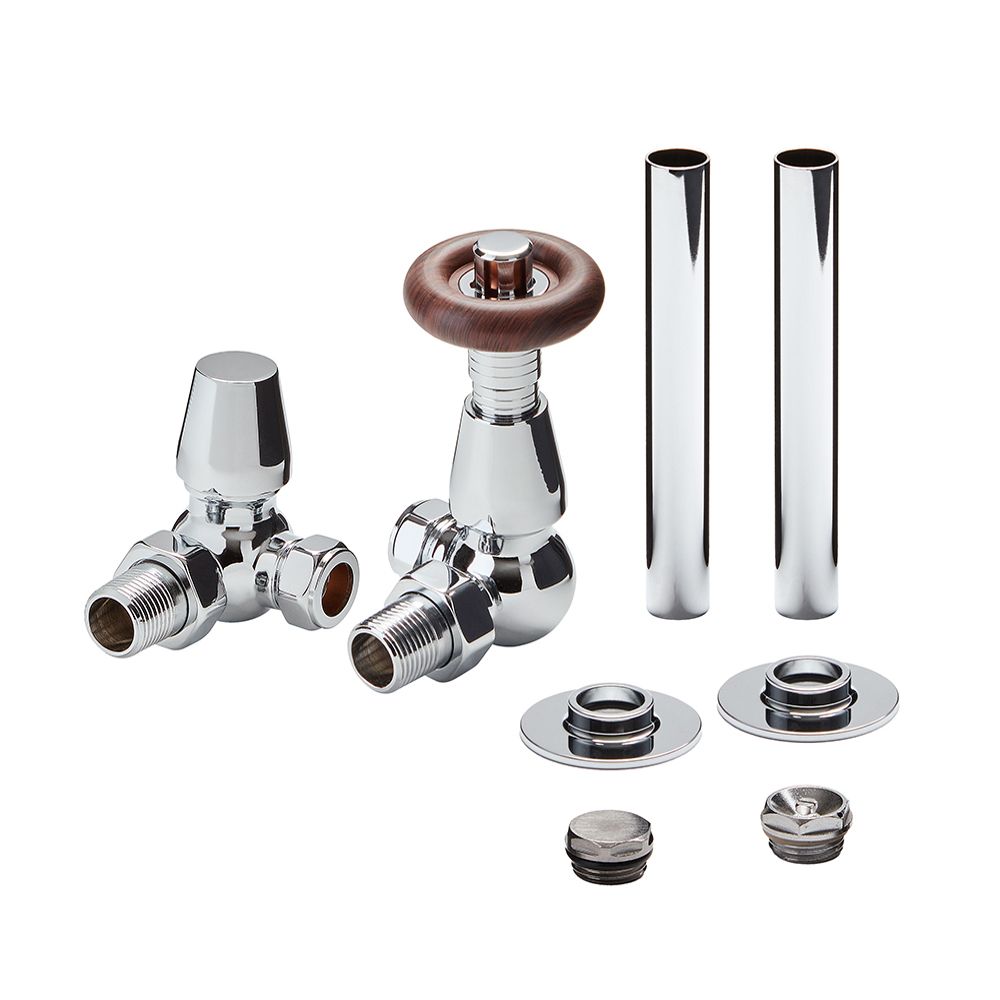 Llaves para Radiador Termostáticas Tradicionales de Esquina y Kit Cubre Tubos -Disponible en Distintos Acabados - Regent