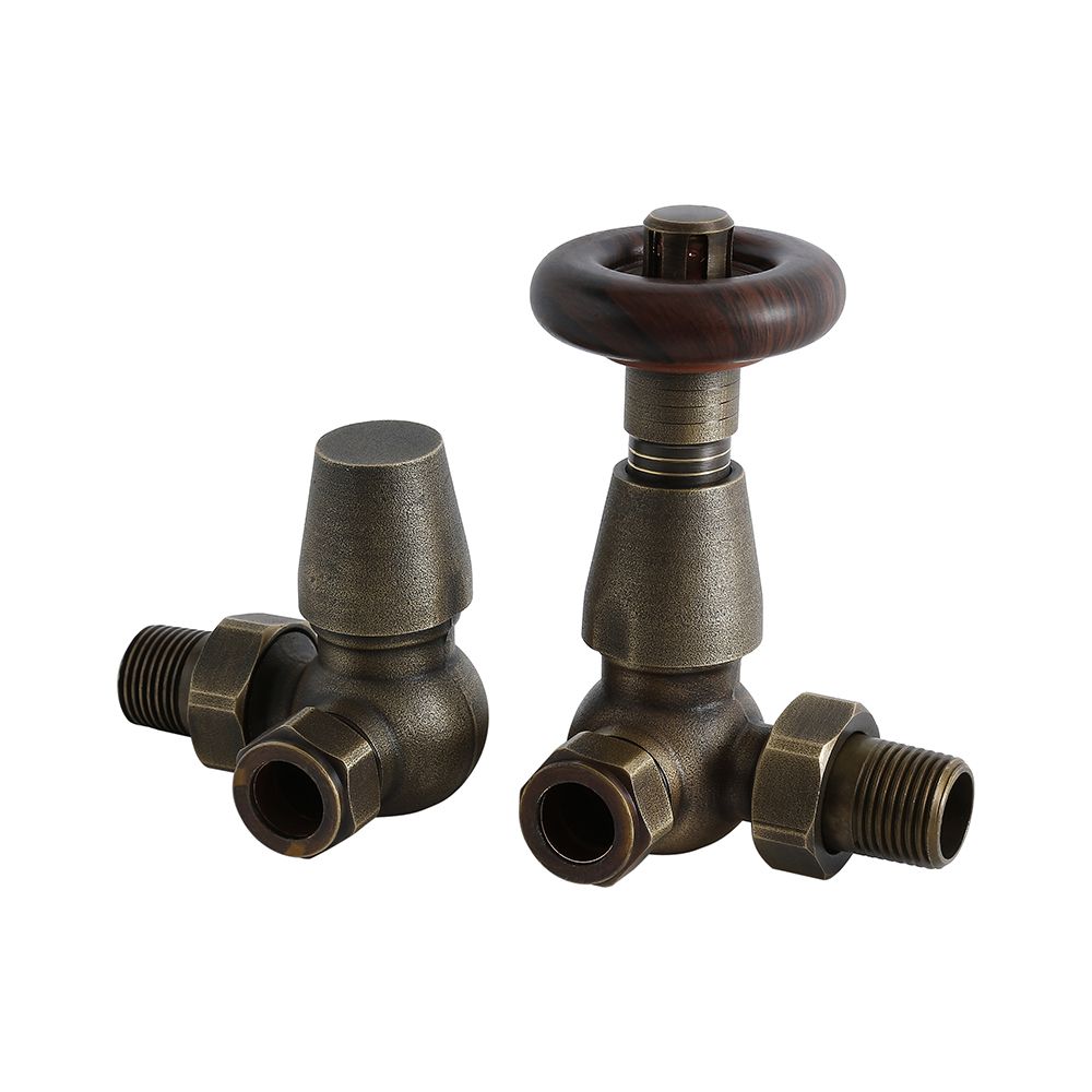 Par de Llaves Angulares Termostáticas de Esquina para Radiadores y Toalleros con Acabado de Color Latón para Tubos de Cobre de 15mm - Regent