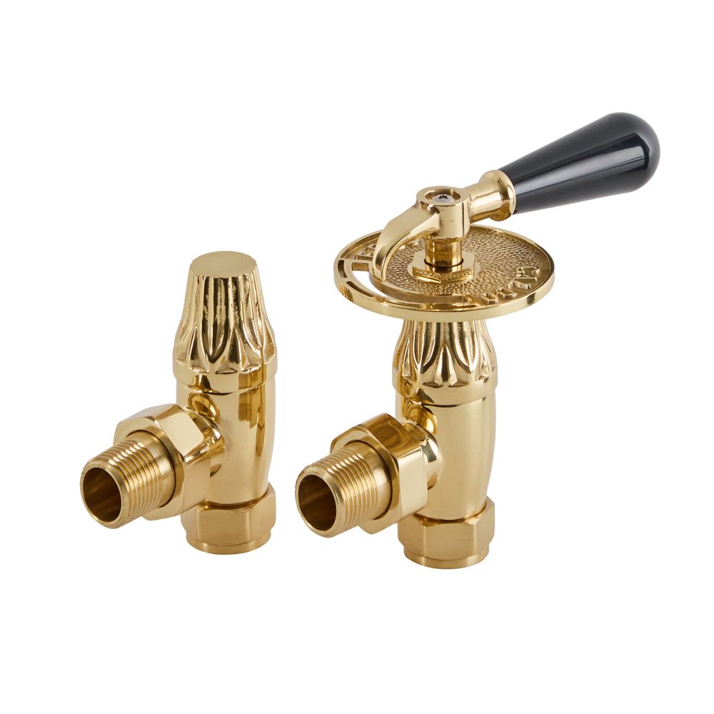 Par de Llaves Angulares Termostáticas Tradicionales para Radiador para Tubos de Cobre de 15mm – Latón Pulido