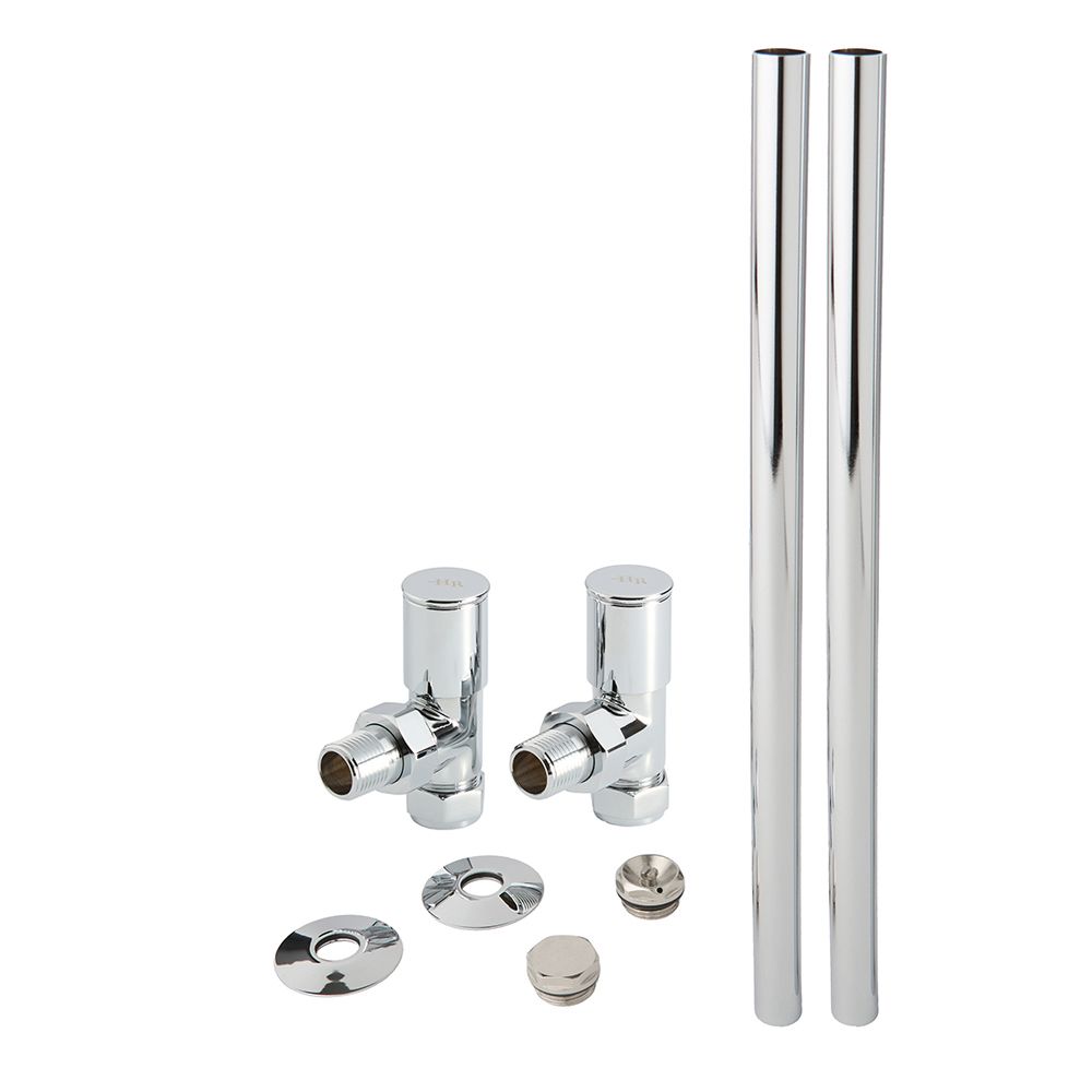 Kit para Radiadores con Llaves Modernas Angulares y Kit Cubre Tubos - Cromadas