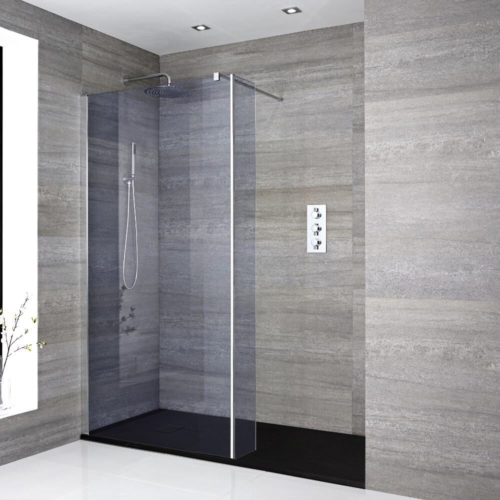 Mampara de Ducha de Obra de Cristal Ahumado para Recoveco Completa con Plato de Ducha Efecto Pizarra - Elección de Medidas y Panel Antisalpicaduras con Bisagras - Portland-Luna