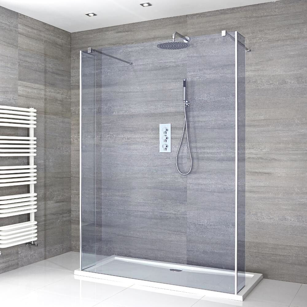 Mampara de Ducha de Obra Flotante de Cristal Ahumado Completa con Plato de Ducha - Elección de Medidas y Panel Antisalpicaduras con Bisagras - Portland-Luna