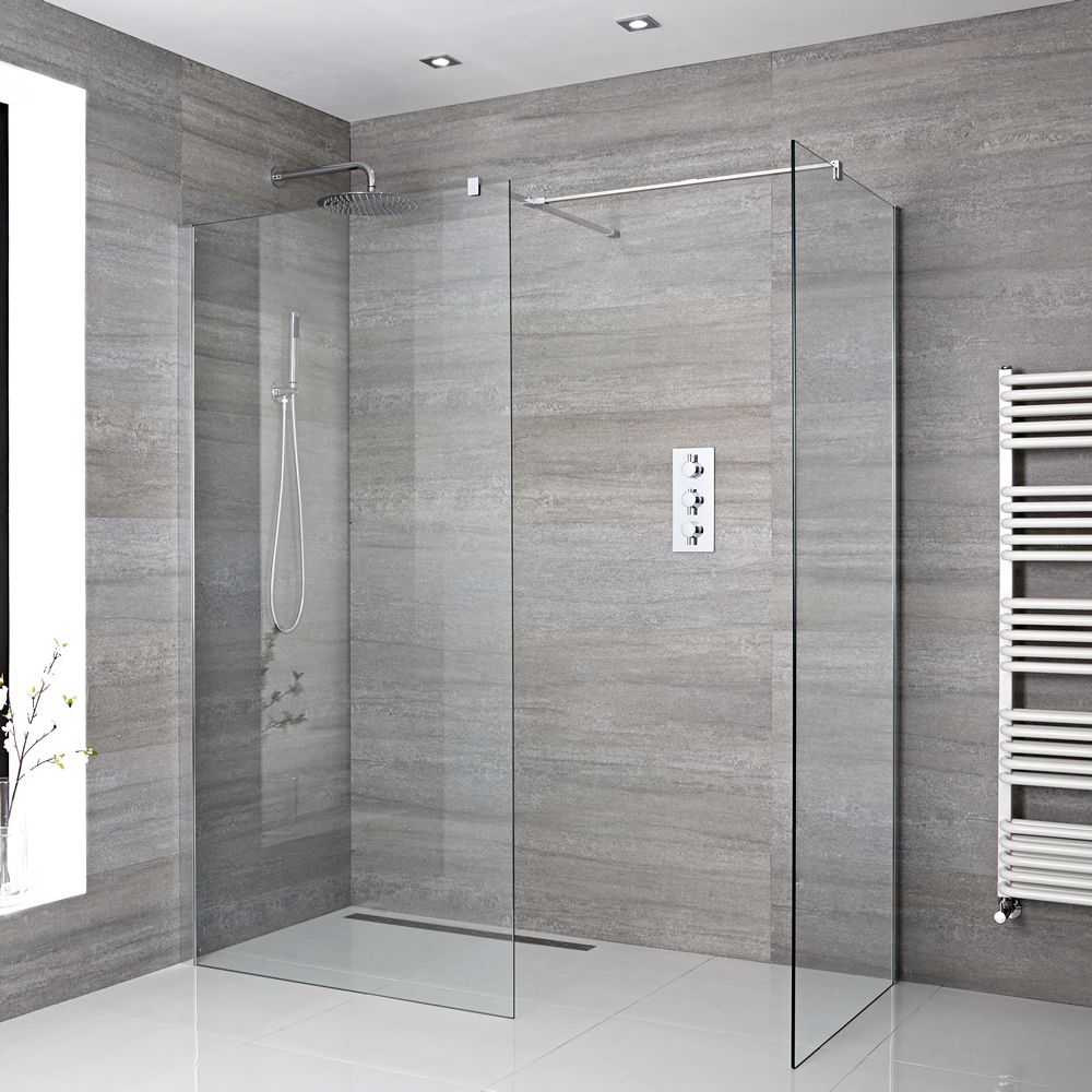 Conjunto de Ducha Walk-in Angular con Mampara de Obra de Esquina con Selección de Hojas de Vidrio y Sumideros - Portland